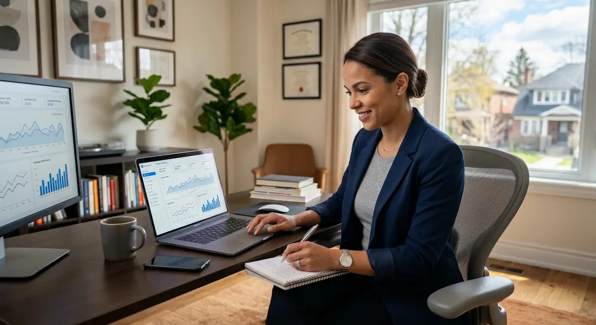 A Canadian professional working on a laptop in a modern home office, analyzing digital marketing charts.