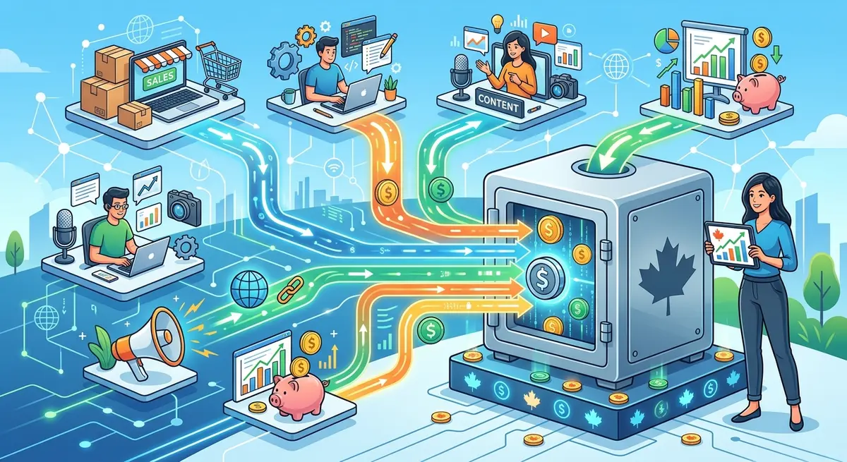 A conceptual illustration of multiple online income streams flowing into a Canadian bank account.