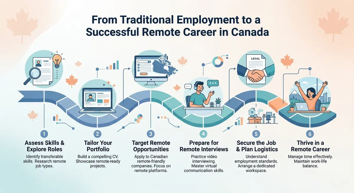 A step-by-step roadmap graphic showing the transition from traditional employment to a successful remote career in Canada.